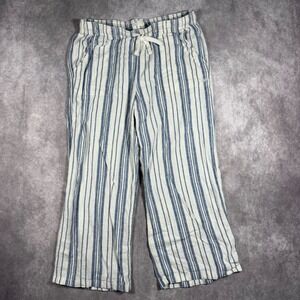 Roxy Blue White Striped Linen Blend Wide Leg Drawstring Beach Pants Womens L
